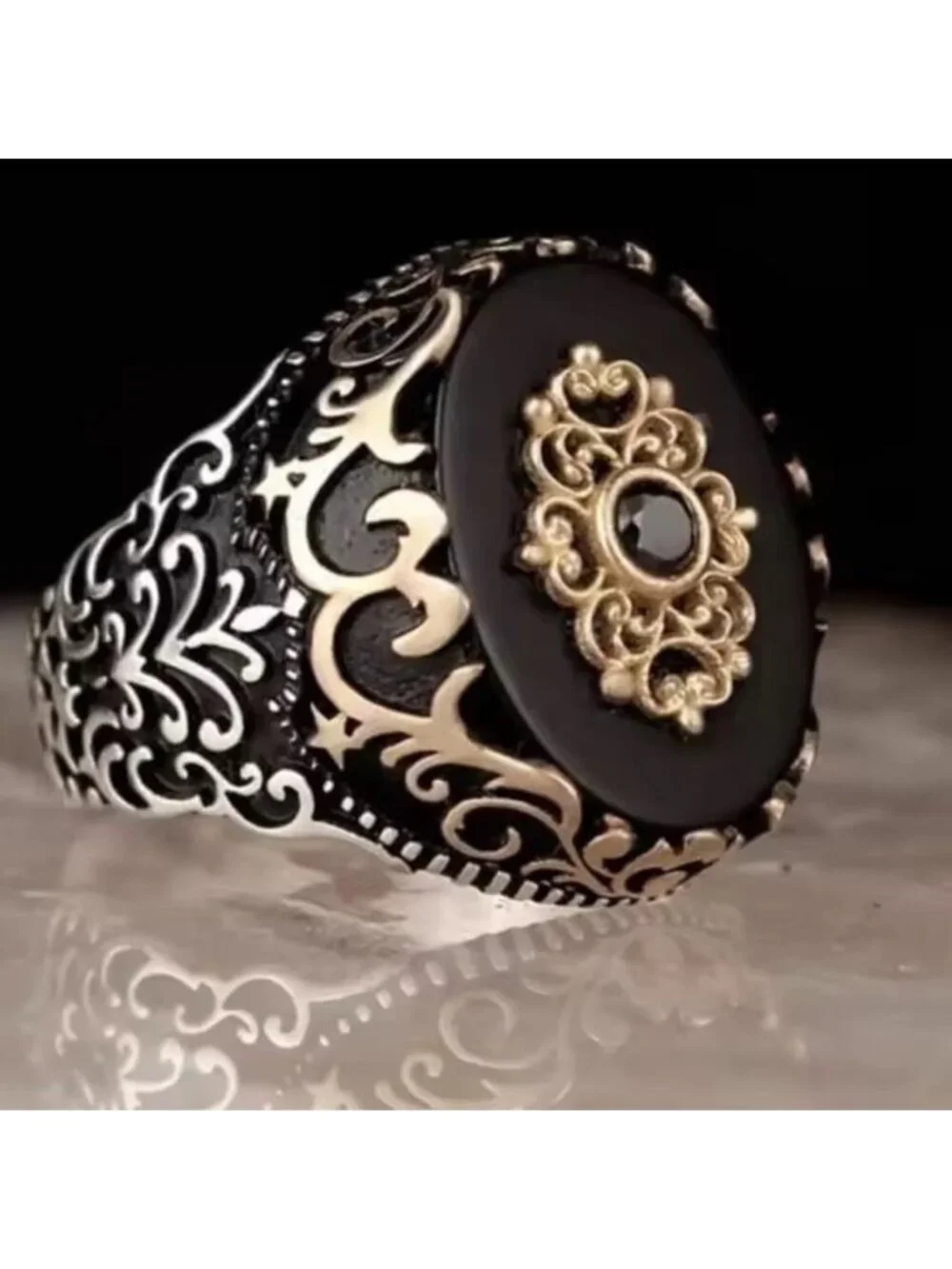 Men jewelry black stone vintage Silver Band Ring adjustable